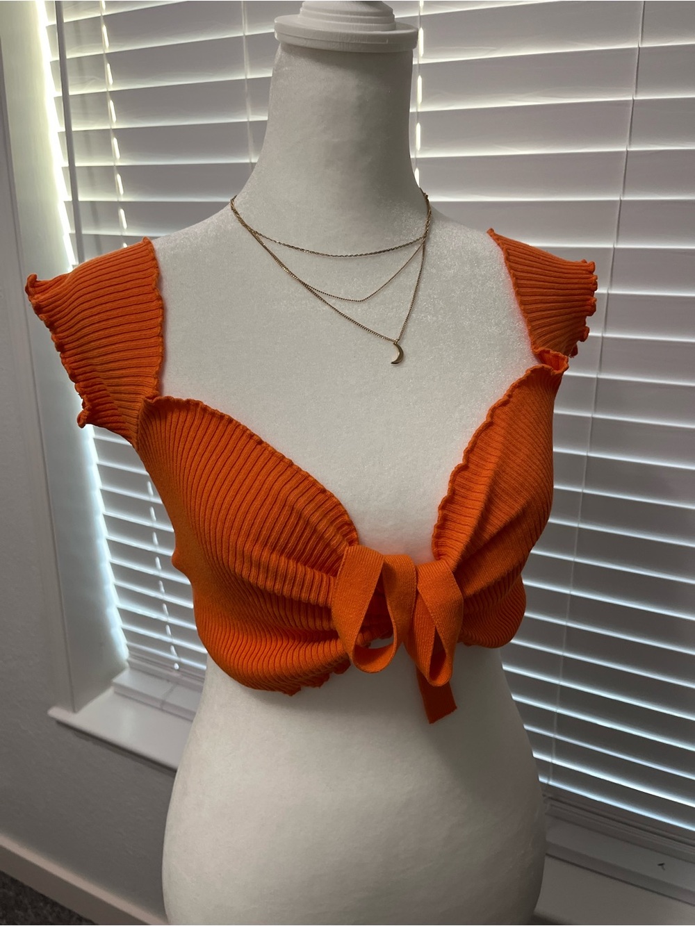 Windsor Orange Ribbed Tie-Front Crop Top
